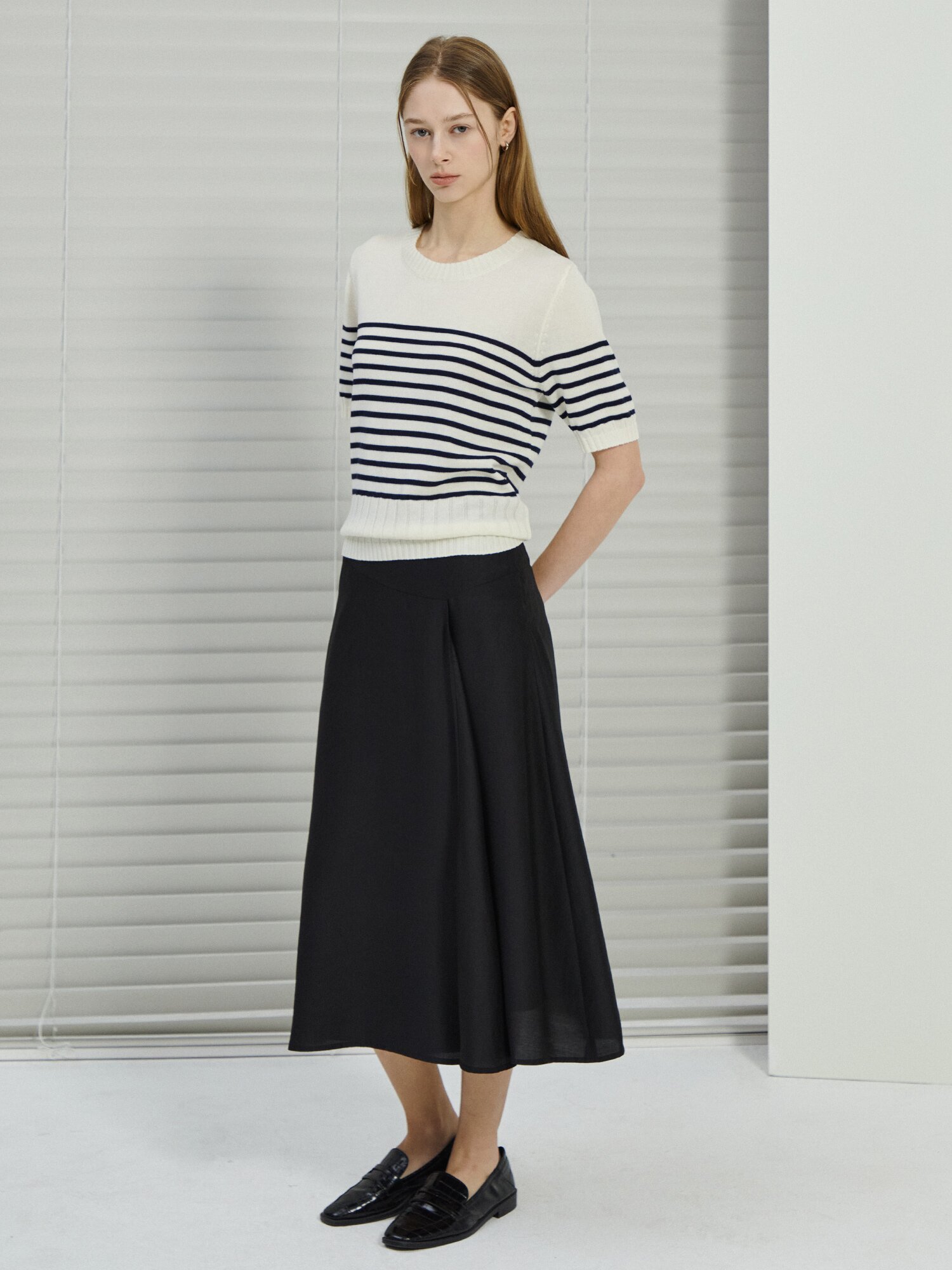 스트라이프 하프 슬리브 니트 (NAVY)