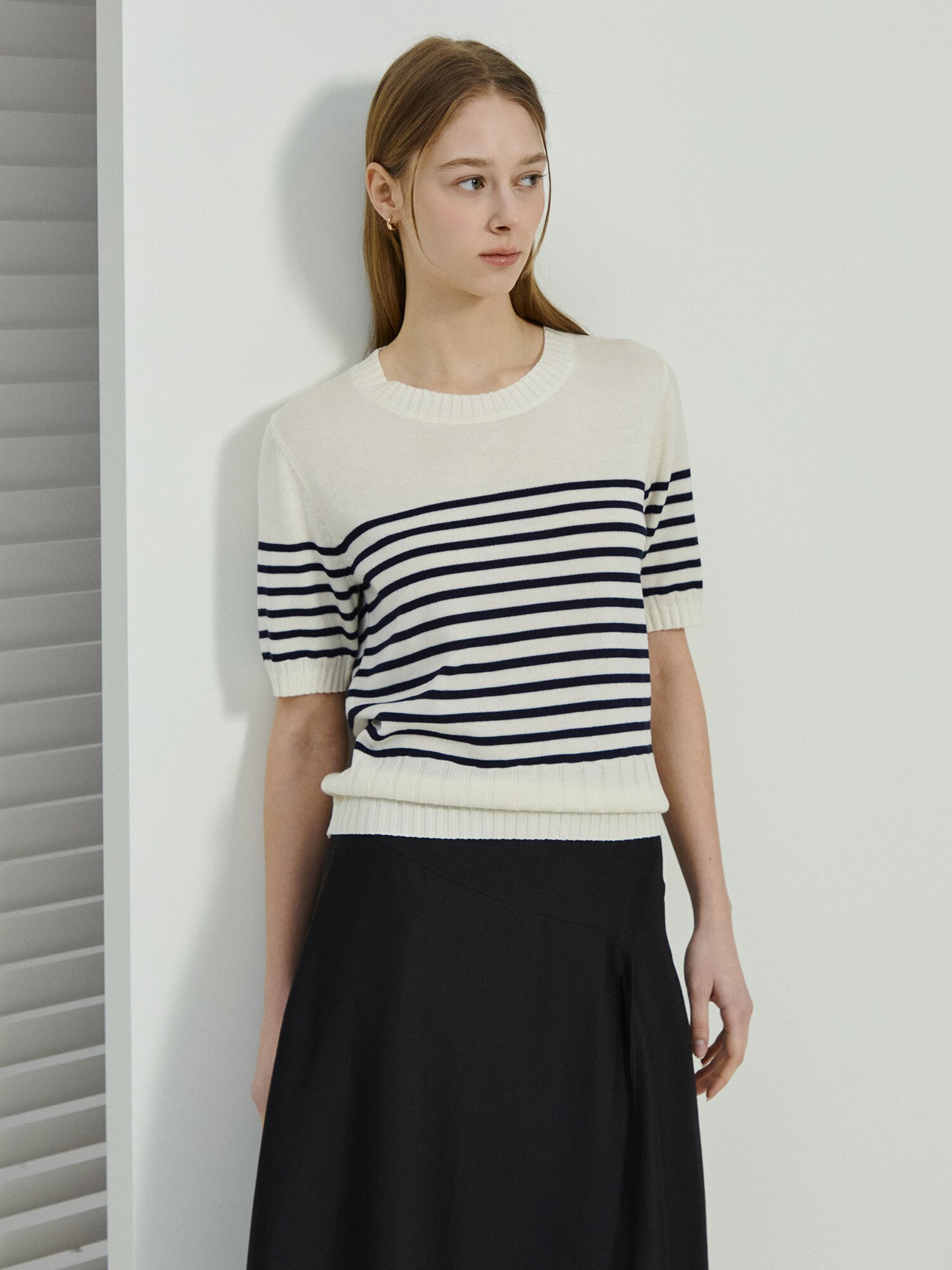 스트라이프 하프 슬리브 니트 (NAVY)
