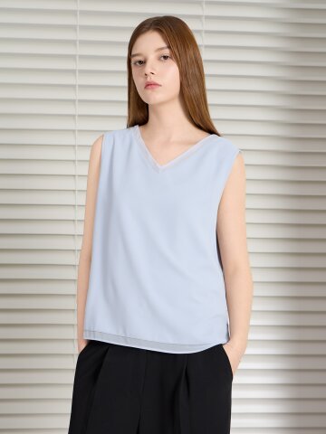 배색 슬리브리스 브이넥 블라우스 