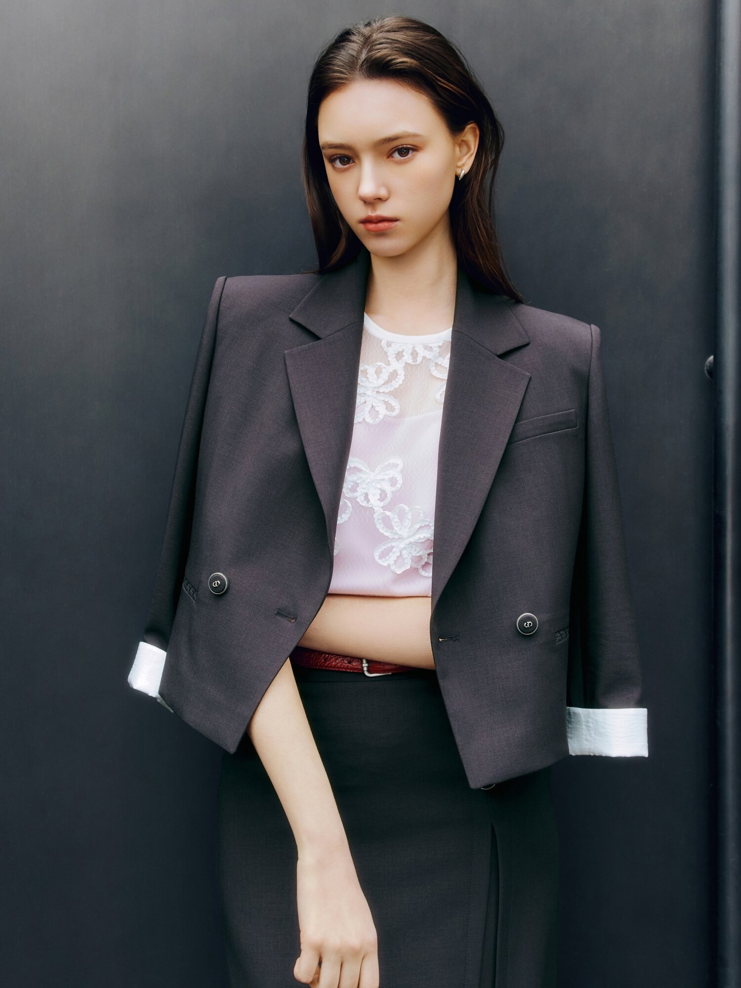 버튼 장식 컷아웃 A라인 스커트 (GREY)