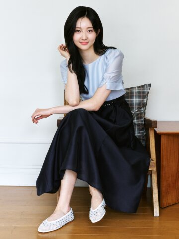 배색 퍼프 슬리브 플레어 원피스 