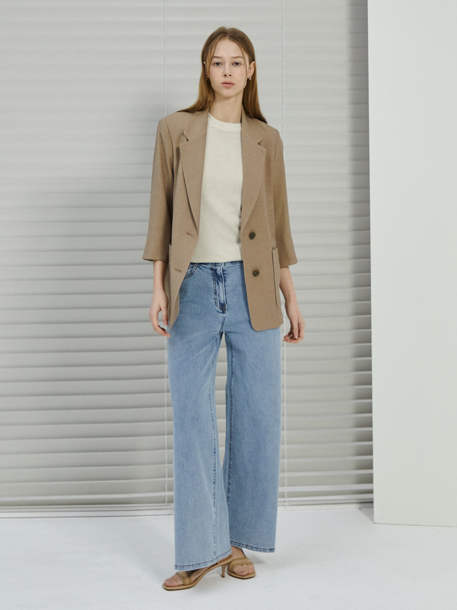 린넨 롤업 7부 싱글 투버튼 재킷 (CAMEL)