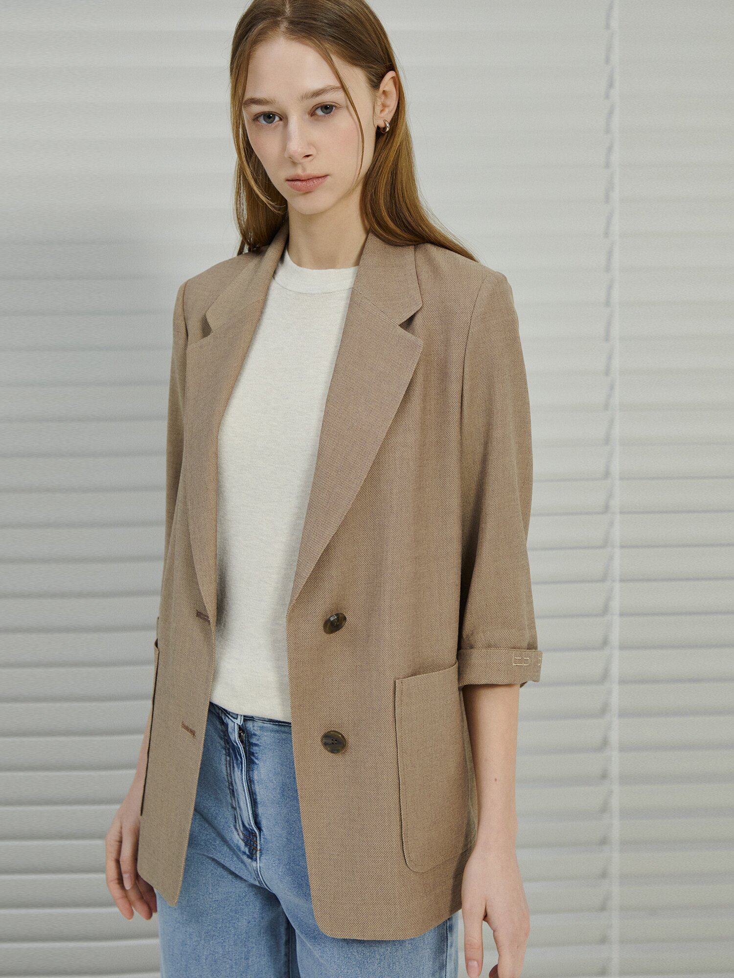 린넨 롤업 7부 싱글 투버튼 재킷 (CAMEL)