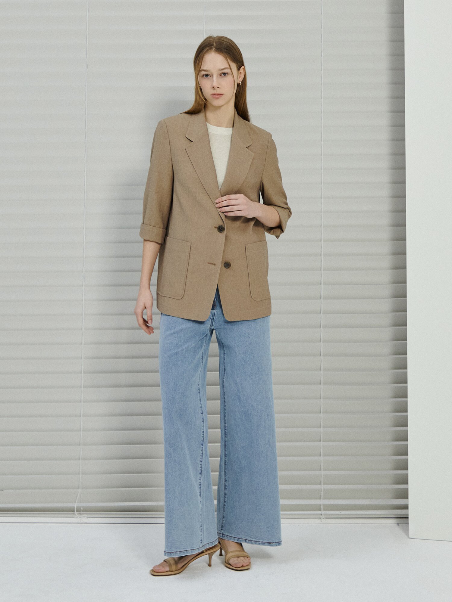 린넨 롤업 7부 싱글 투버튼 재킷 (CAMEL)