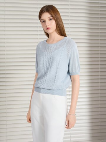 케이블 배색 라운드넥 풀오버 니트 