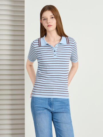 스트라이프 버튼 칼라 풀오버 니트 