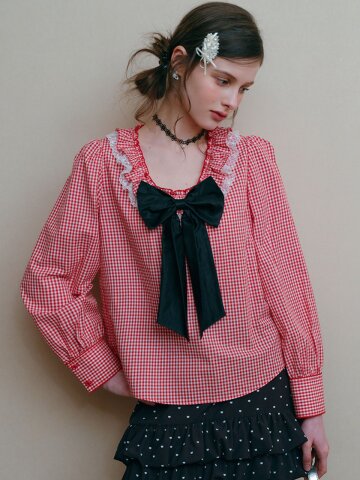 Cest_Check ribbon blouse