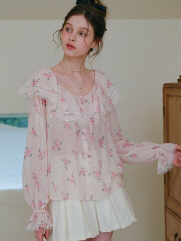 Cest_Floral ruffle chiffon blouse