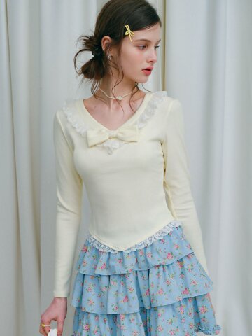 5/4 예약배송_Cest_Ribbon lace slim long sleeve top