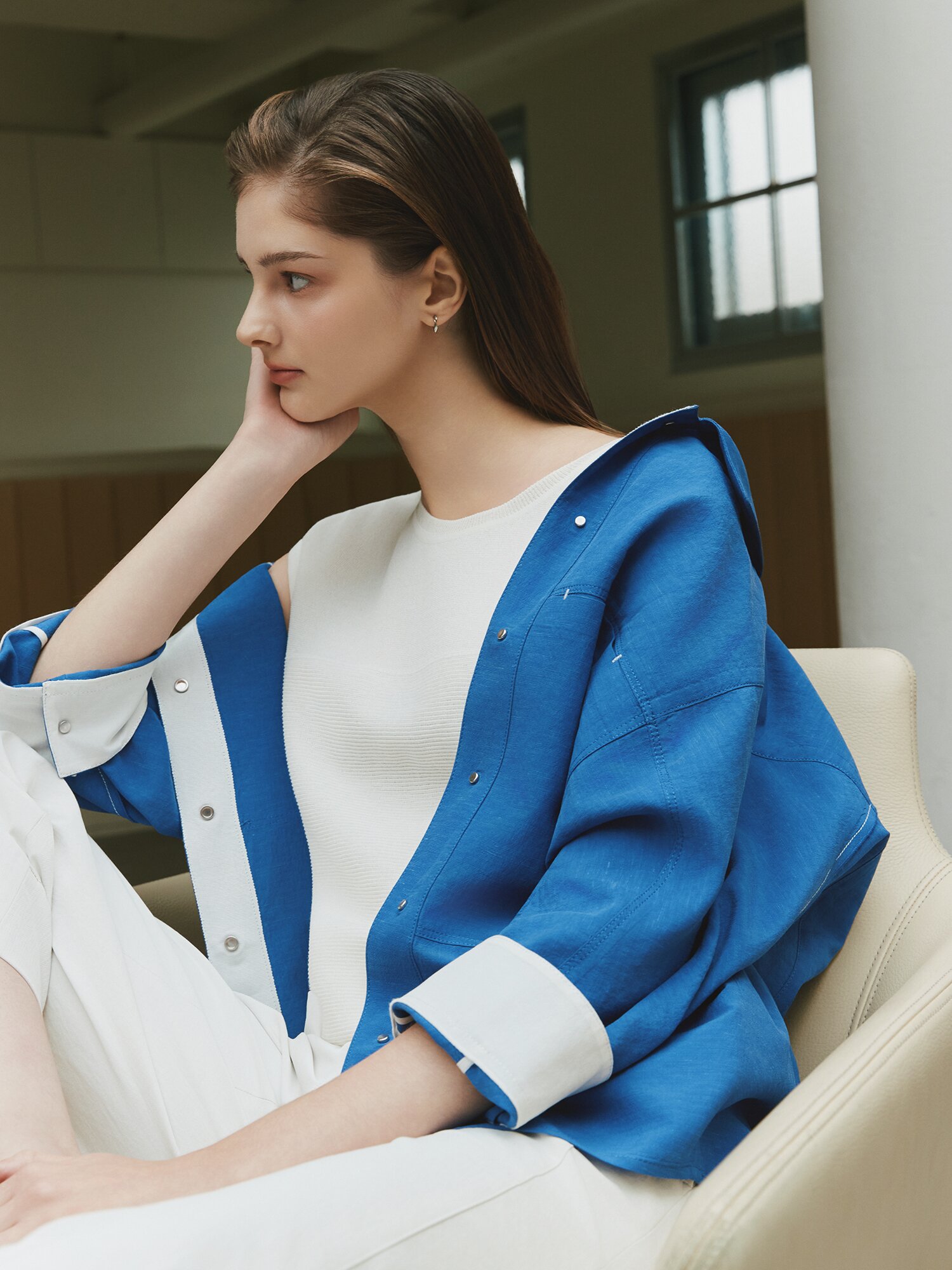 린넨 롤업 7부 셔츠 재킷 (BLUE)