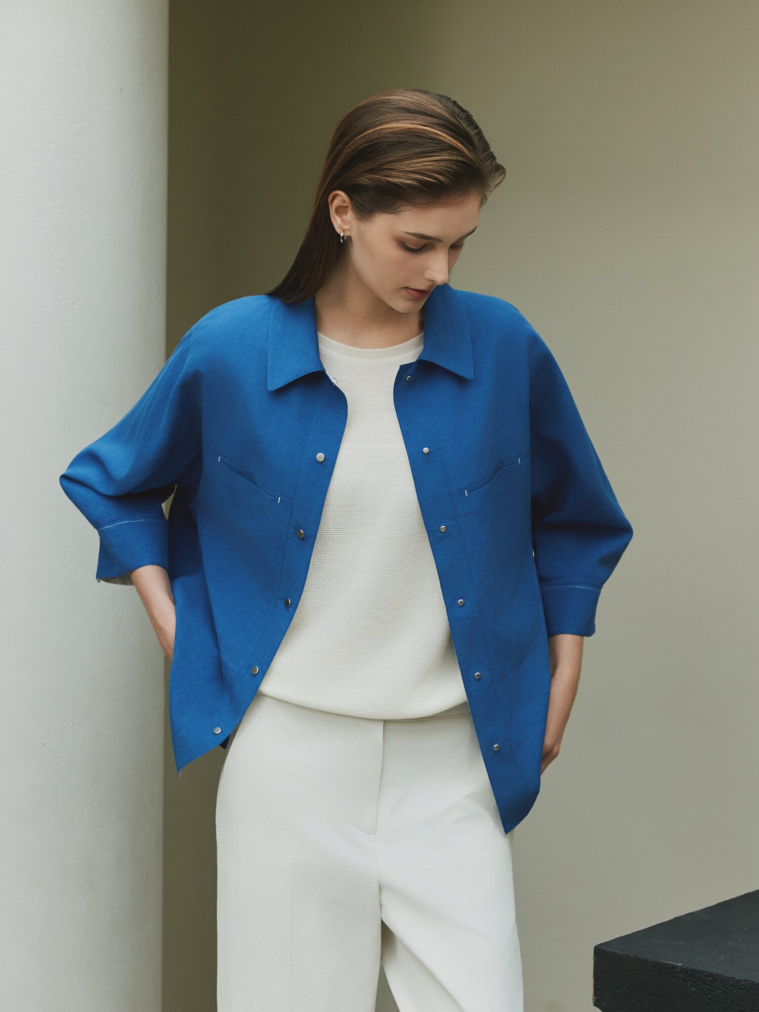 린넨 롤업 7부 셔츠 재킷 (BLUE)