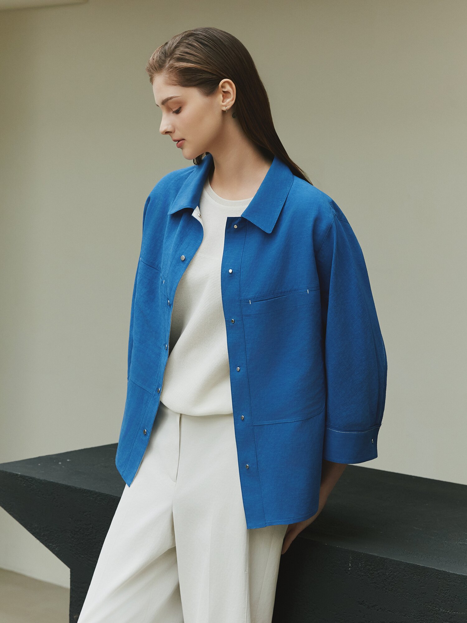 린넨 롤업 7부 셔츠 재킷 (BLUE)