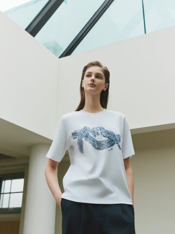 코튼 자수 프린트 비딩 티셔츠 