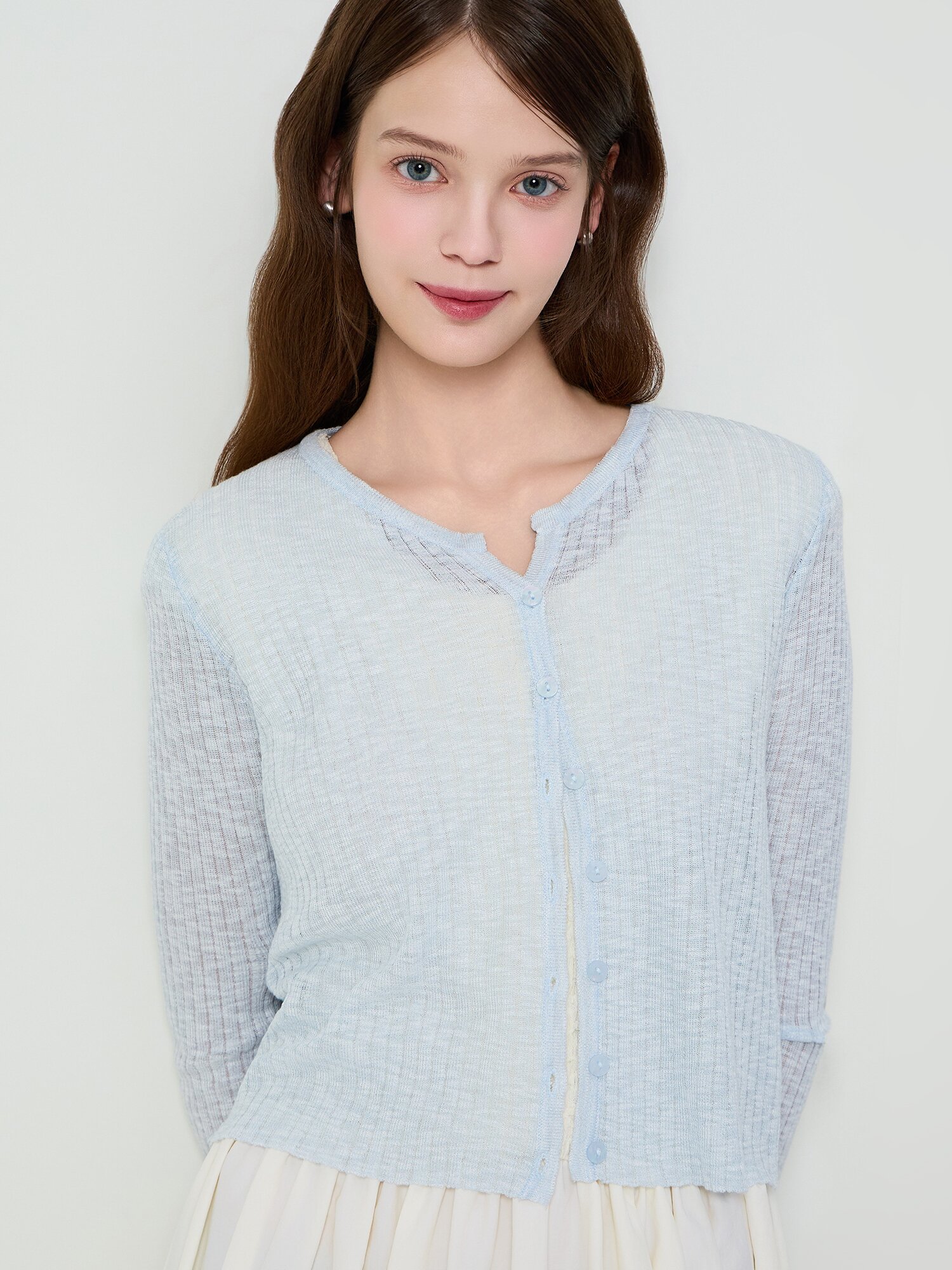 시스루 슬릿넥 크롭 가디건 (BLUE)
