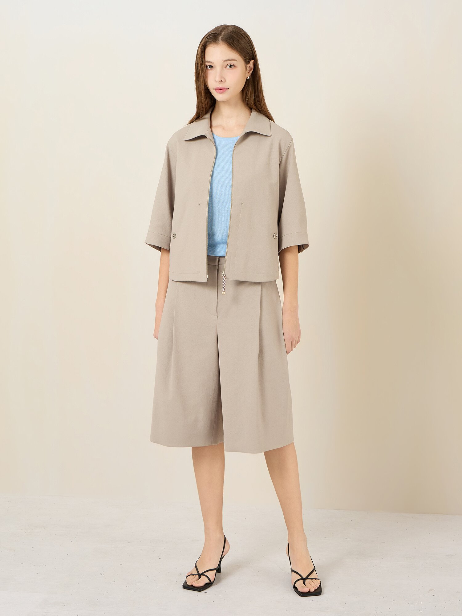 코튼 혼방 반팔 집업 자켓 (BEIGE)