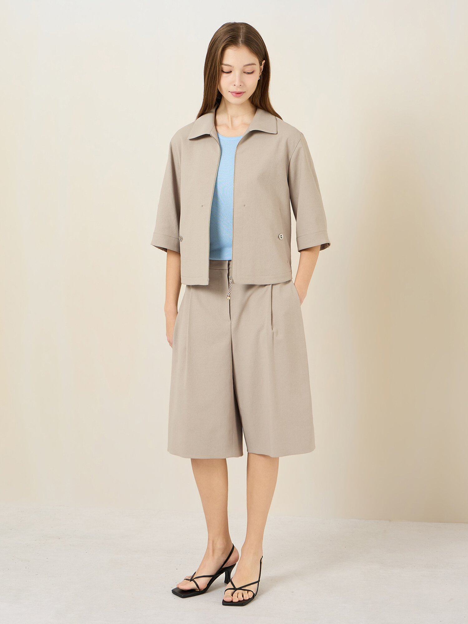 코튼 혼방 반팔 집업 자켓 (BEIGE)