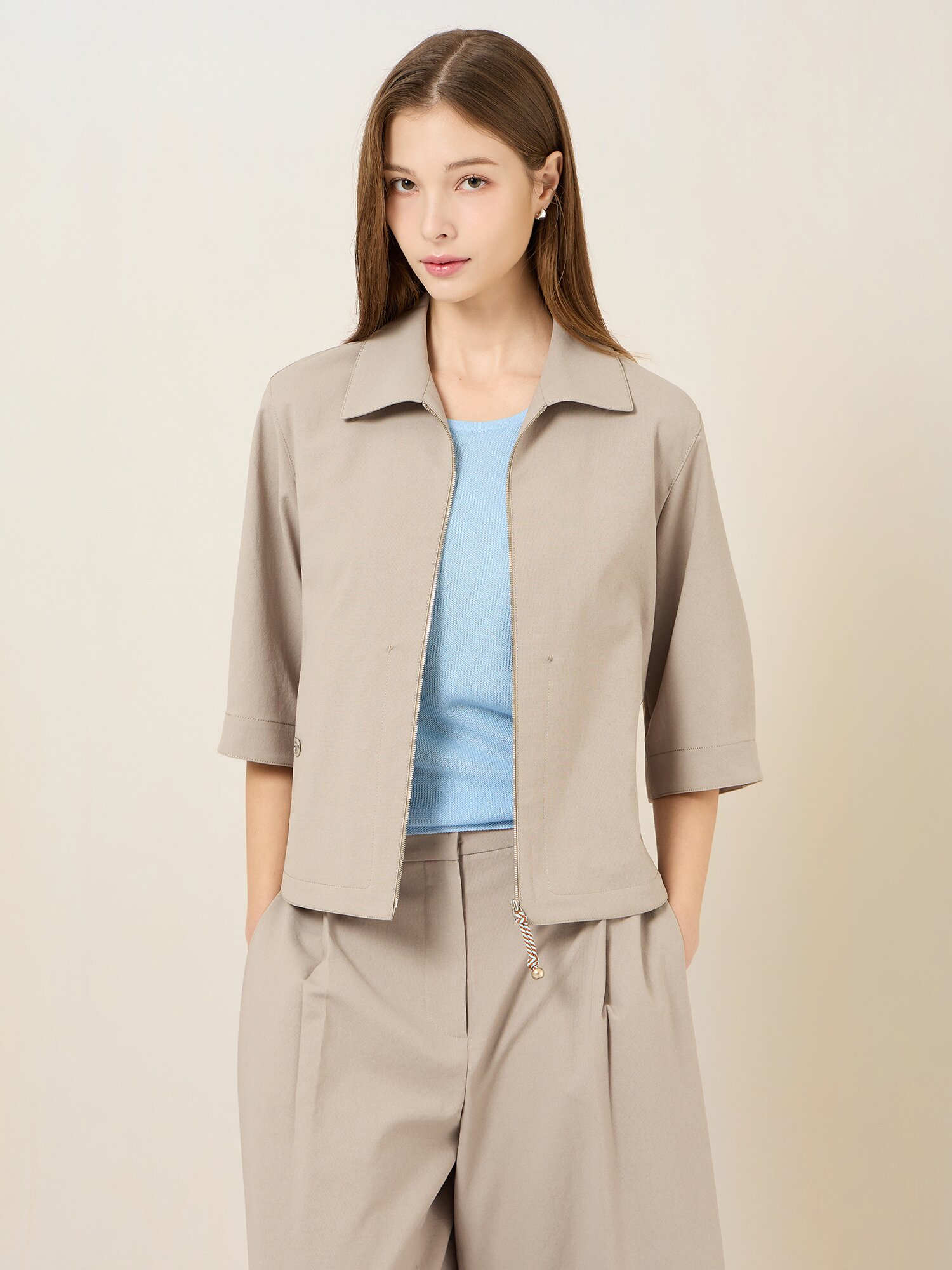 코튼 혼방 반팔 집업 자켓 (BEIGE)