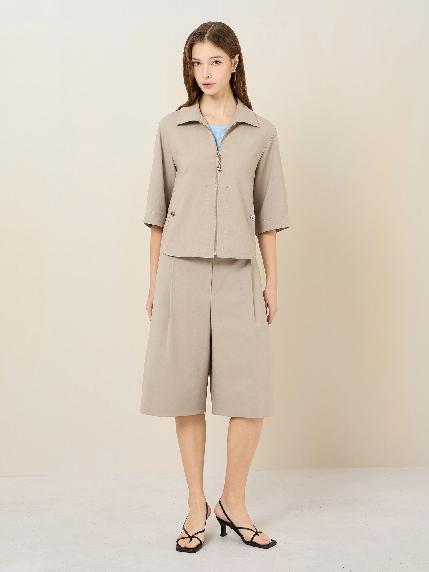 코튼 혼방 반팔 집업 자켓 (BEIGE)