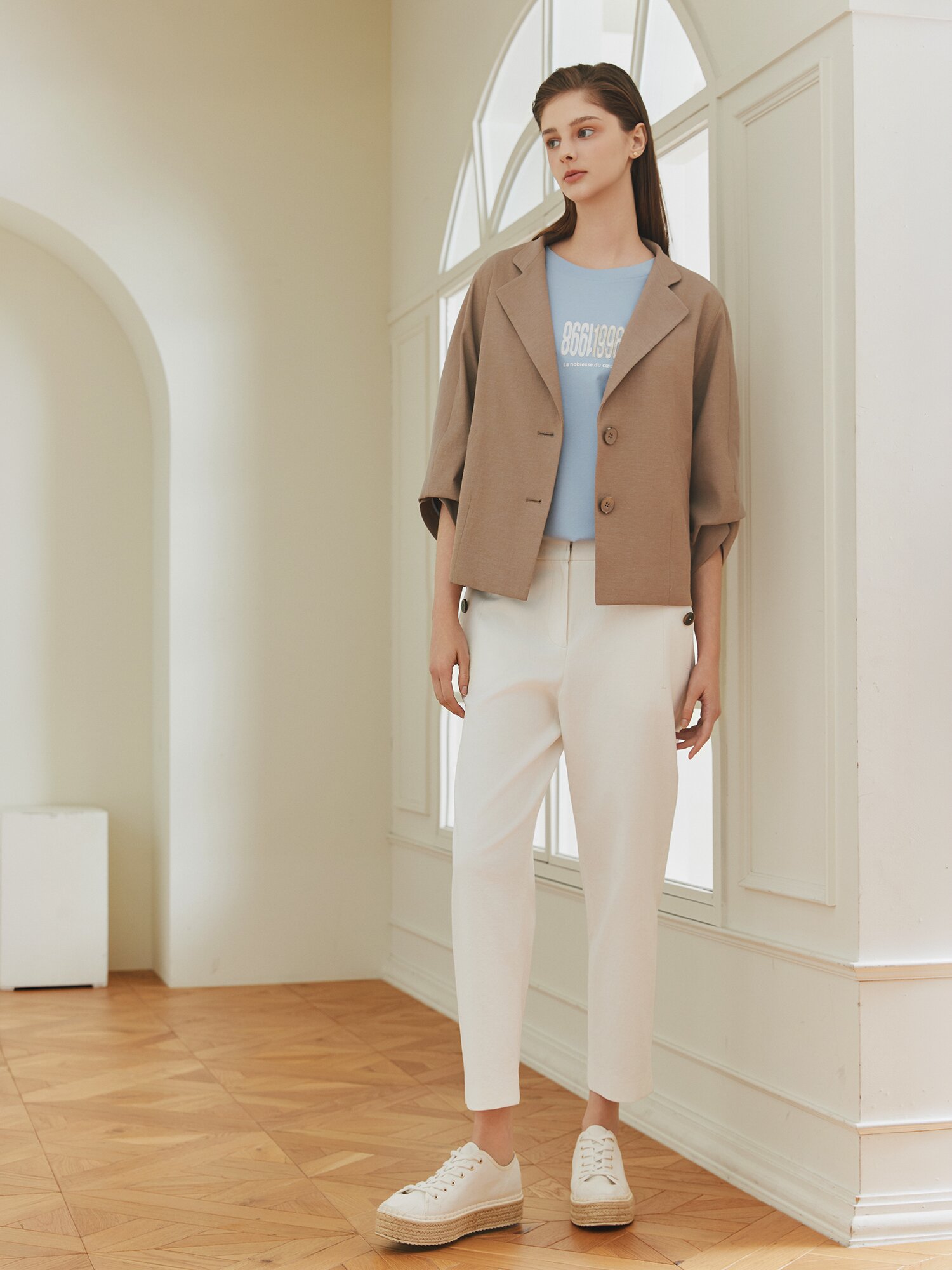 린넨 백 밴딩 배기핏 크롭 팬츠 (IVORY)