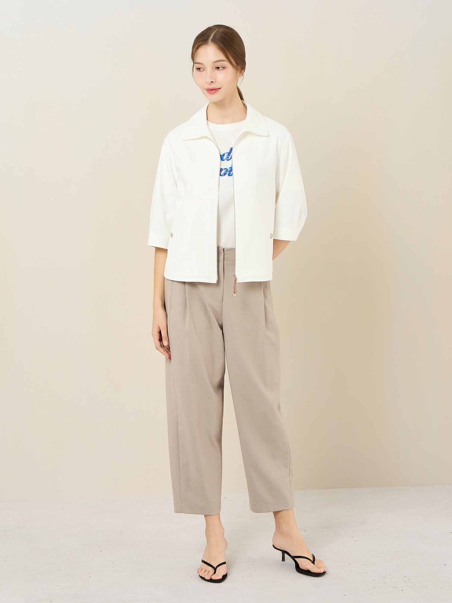 코튼 혼방 반팔 집업 자켓 (WHITE)