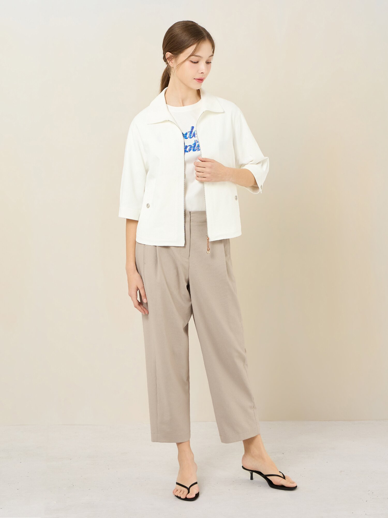 코튼 혼방 반팔 집업 자켓 (WHITE)