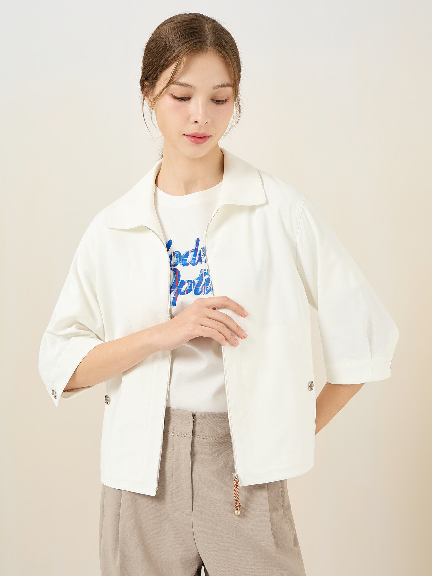 코튼 혼방 반팔 집업 자켓 (WHITE)