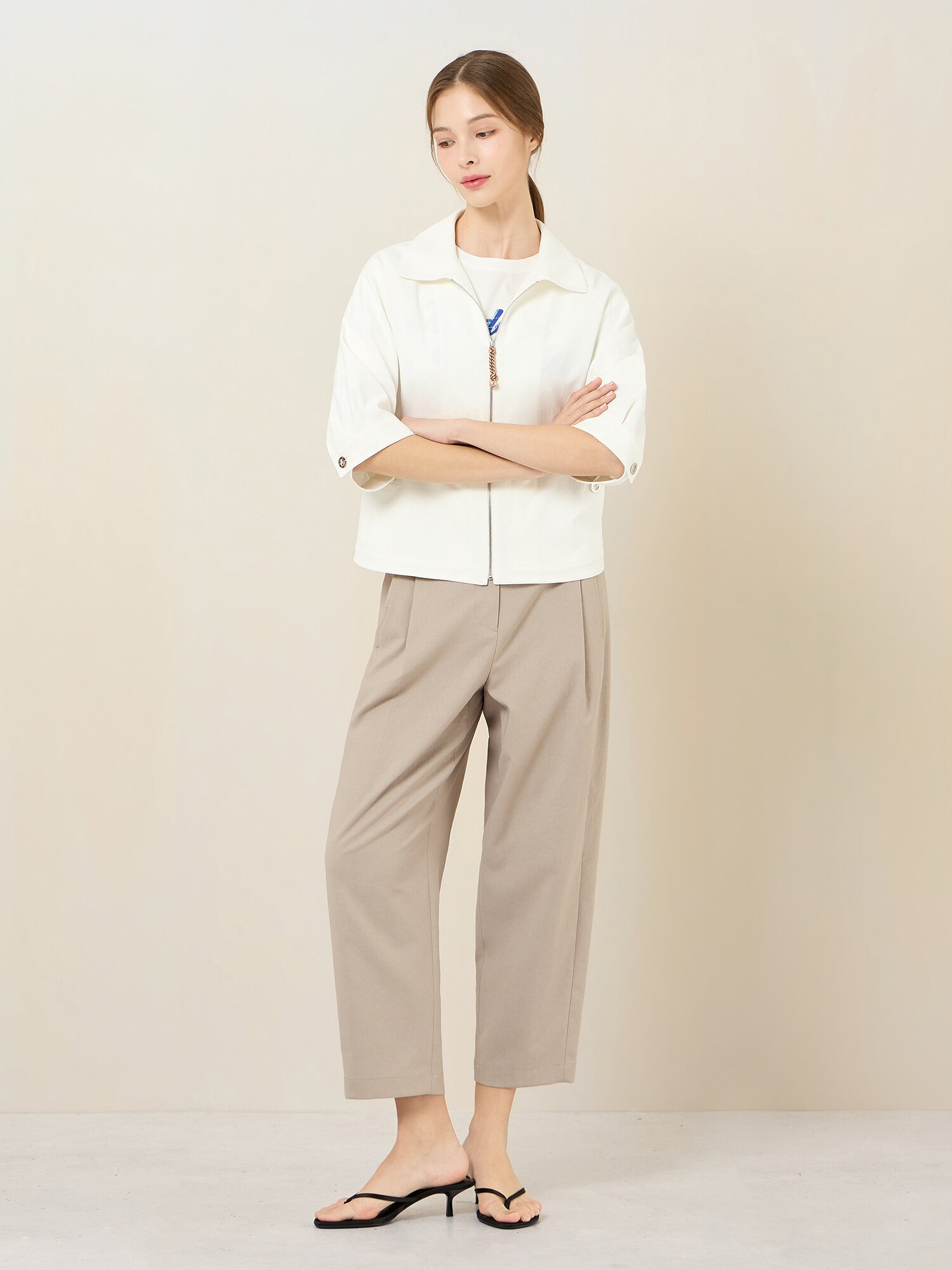 코튼 혼방 반팔 집업 자켓 (WHITE)