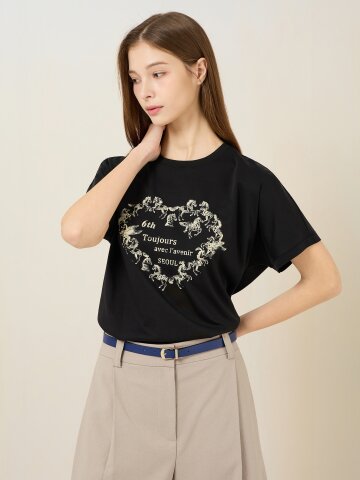 코튼 홀스 글리터 그래픽 반팔 티셔츠 (BLACK)