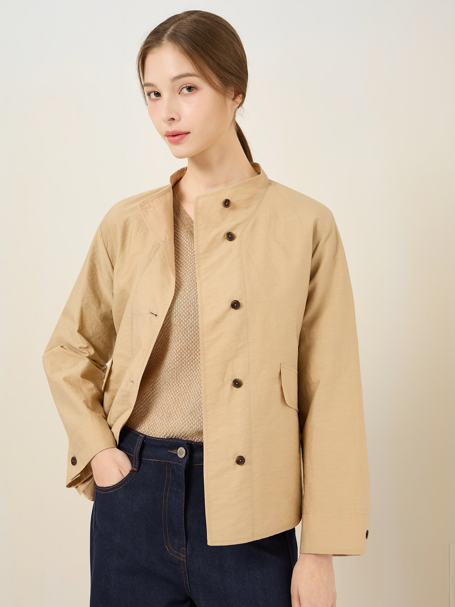 코튼 혼방 스탠드 칼라 점퍼 (CAMEL)