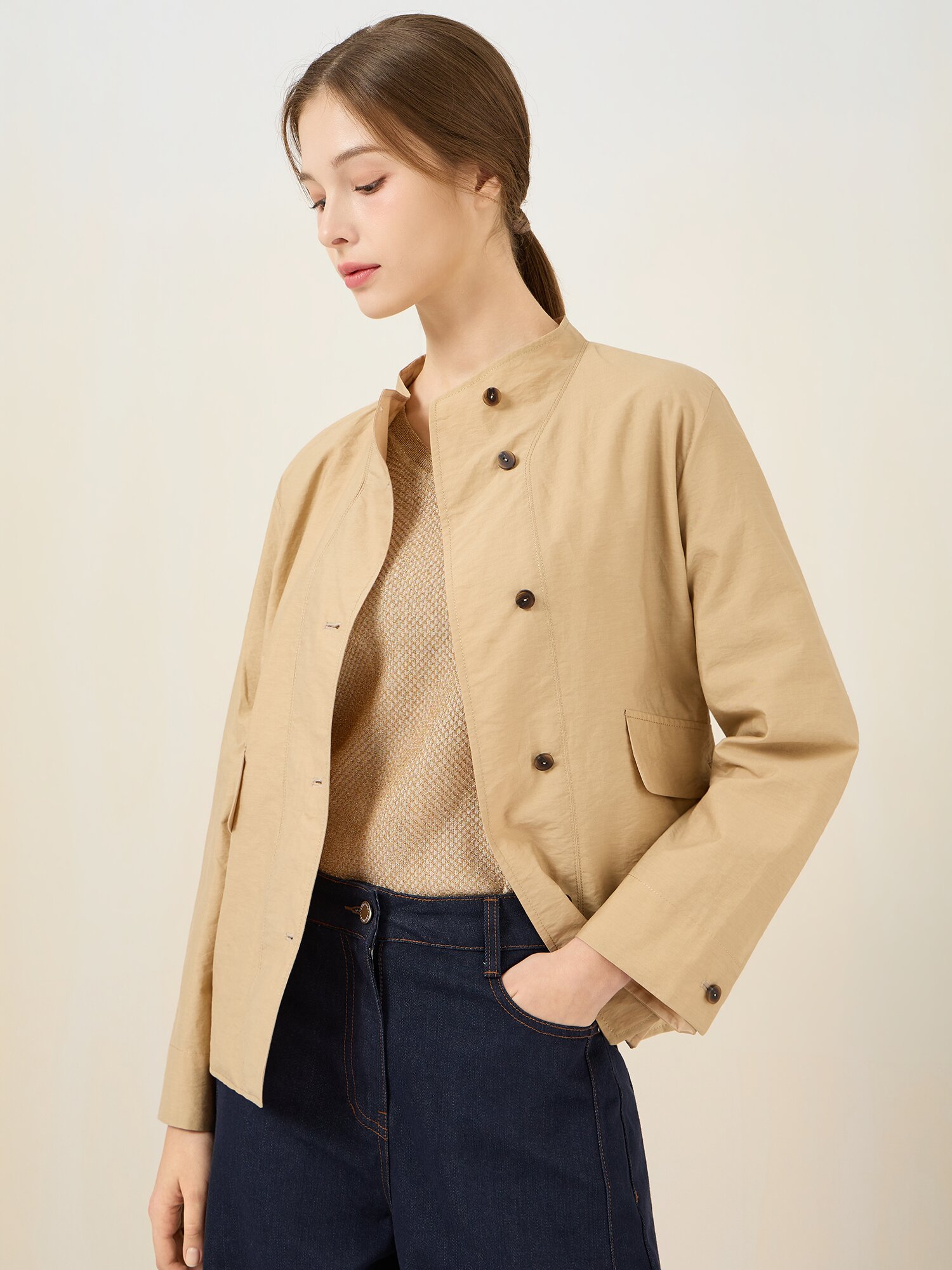 코튼 혼방 스탠드 칼라 점퍼 (CAMEL)