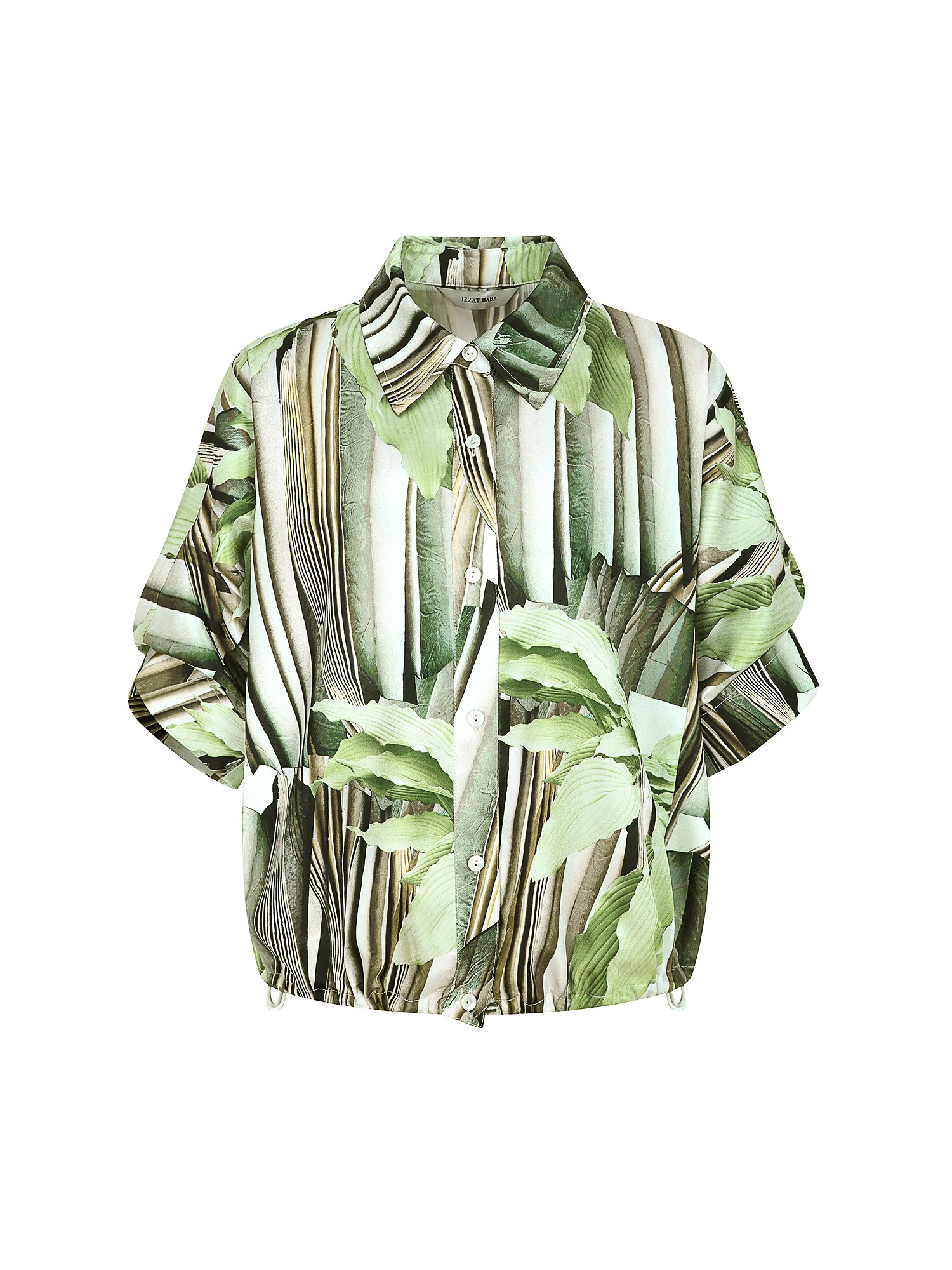 오버핏 새틴 스트링 블라우스 (PRINT GREEN)