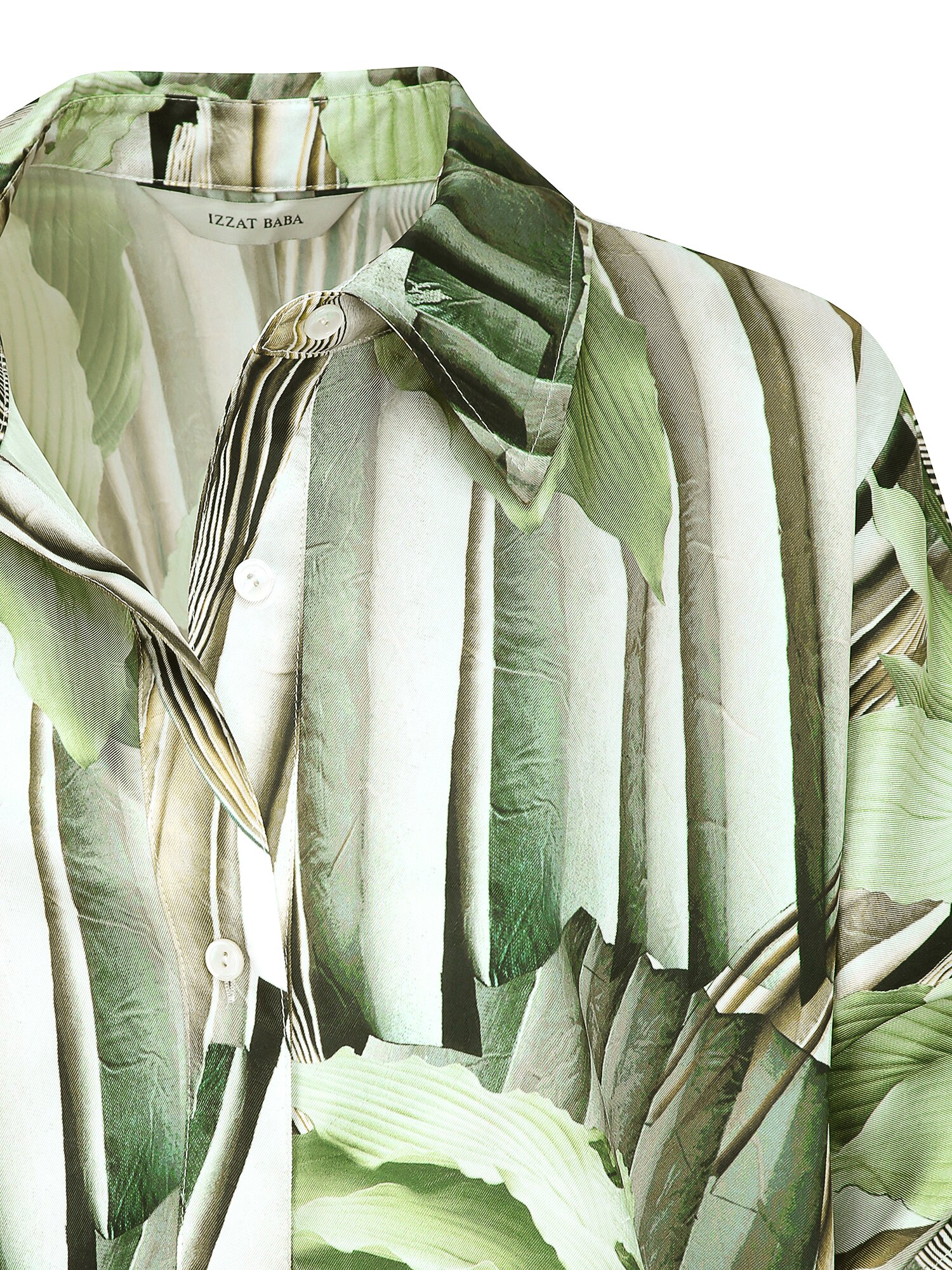 오버핏 새틴 스트링 블라우스 (PRINT GREEN)