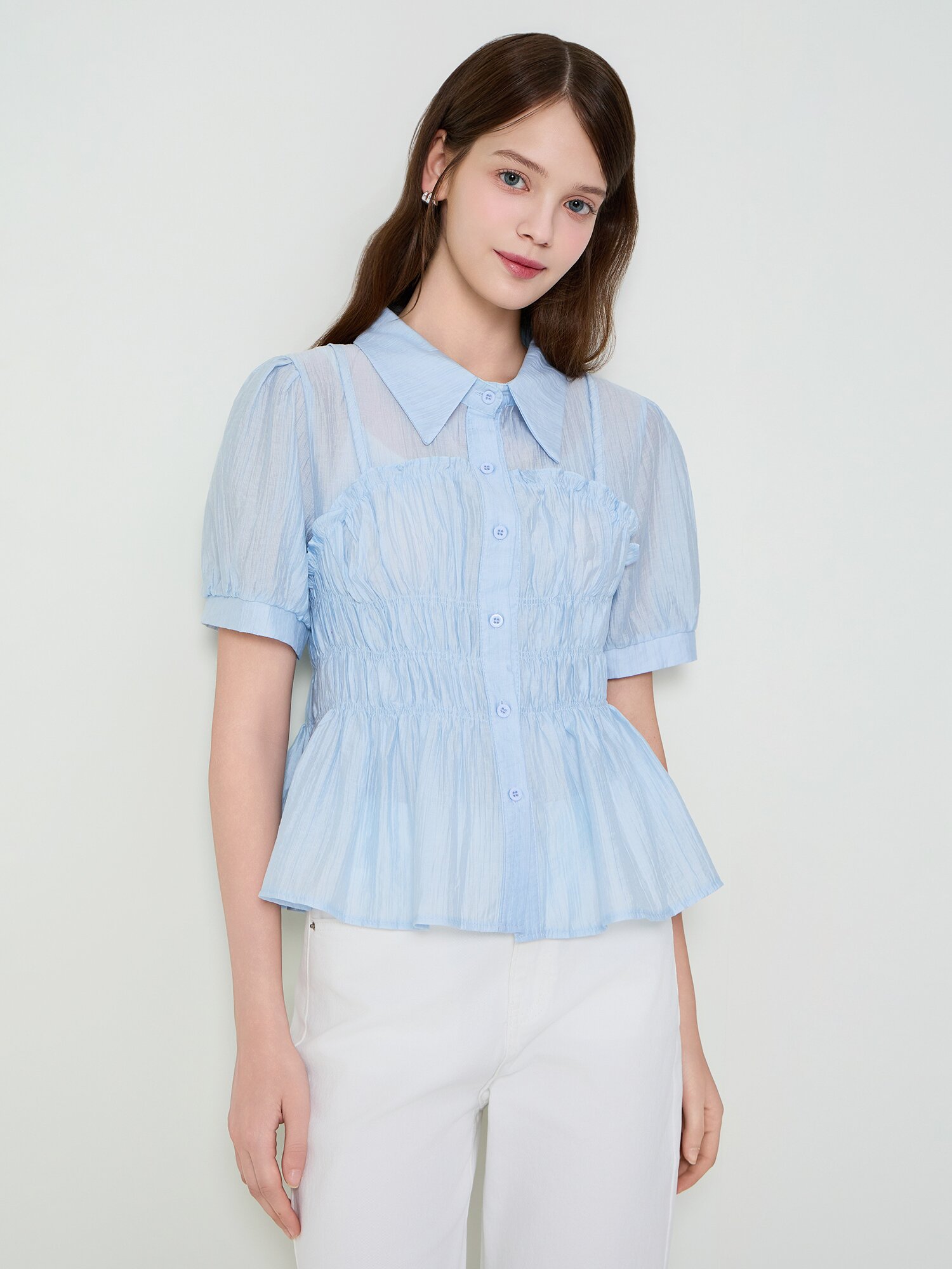 스모킹 뷔스티에 칼라 블라우스 (BLUE)