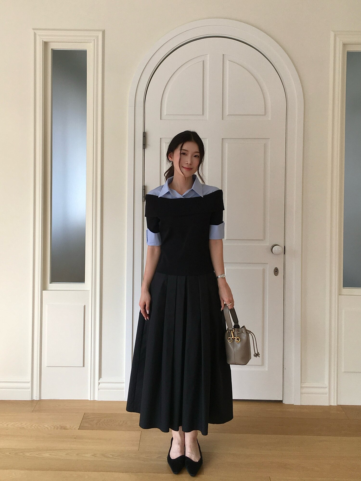 코튼 백 밴딩 플레어 스커트 (BLACK)