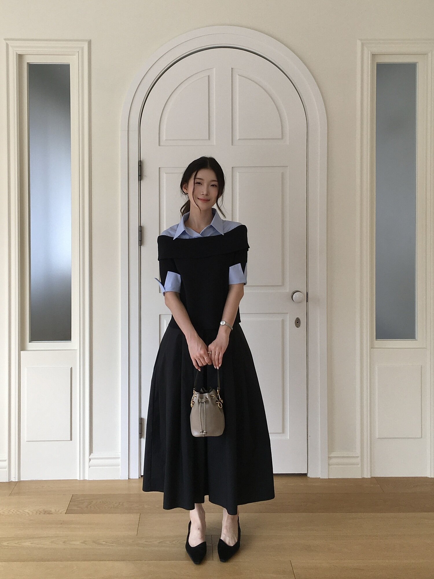 코튼 백 밴딩 플레어 스커트 (BLACK)