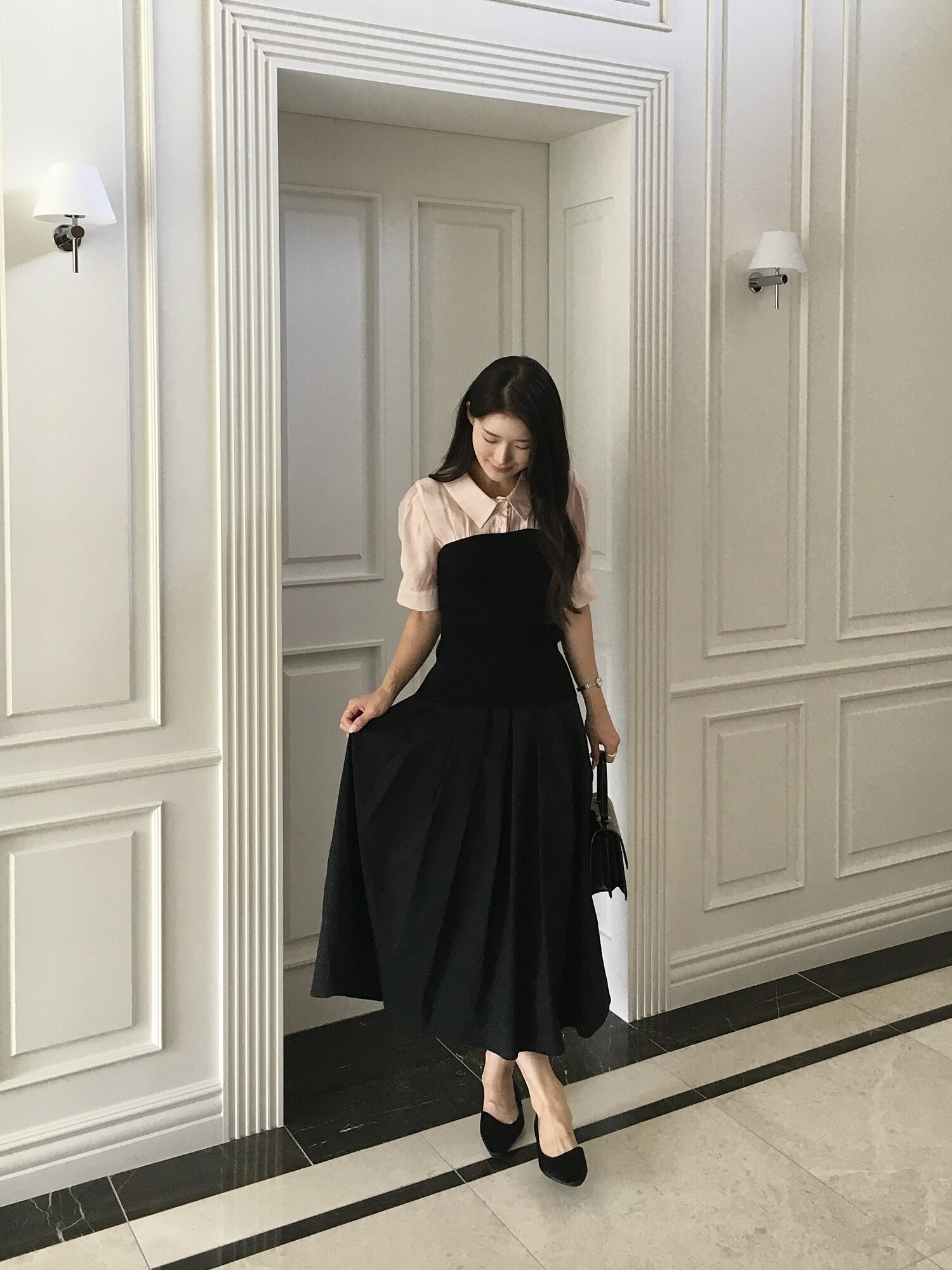 코튼 백 밴딩 플레어 스커트 (BLACK)
