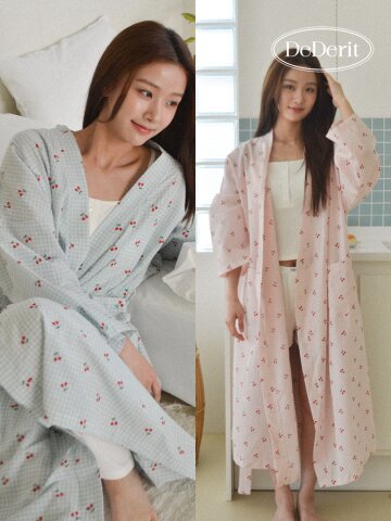 데데리트 예쁜 사계절 홈웨어 체리 체크 로브 라운지웨어 파자마 수면 시원한 잠옷 슬립 가운 집들이 생일 친구 커플 선물