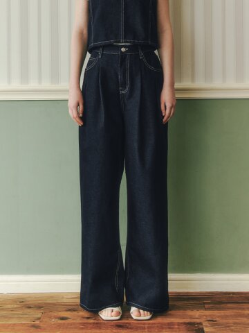 핀턱 와이드 데님 팬츠 / 딥인디고
