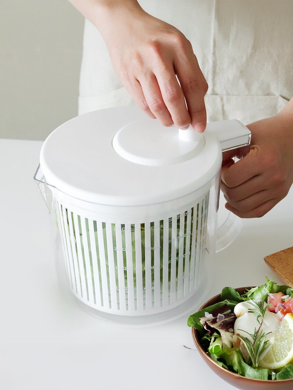 리본제이 콤팩트 만능 야채 탈수기 핸들 손잡이형 2.5L / 반자동 샐러드 스피너 짤순이 믹싱볼 채반 세트