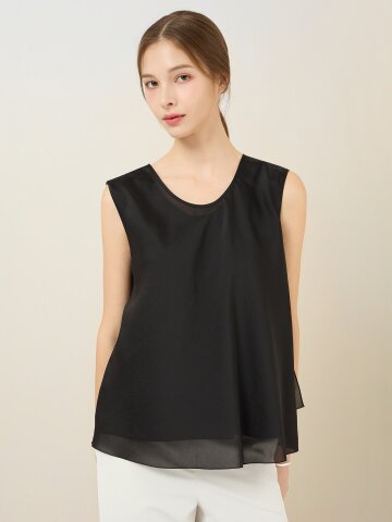 백 오픈 플레어 슬리브리스 블라우스 (BLACK)