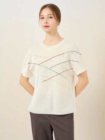 멀티 스티치 반소매 니트 블라우스 