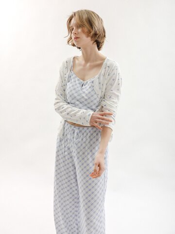 MJ_Sweet check flower pajama three-piece set_BLUE