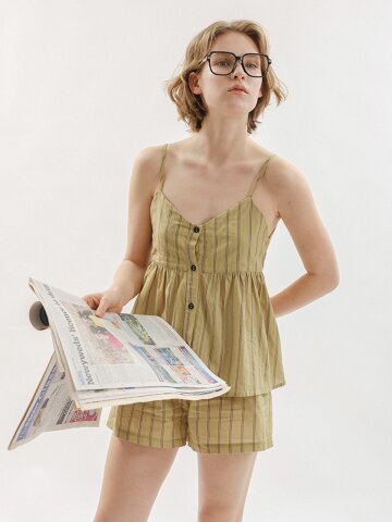 MJ_Stripe cami pajama two-piece set_KHAKI