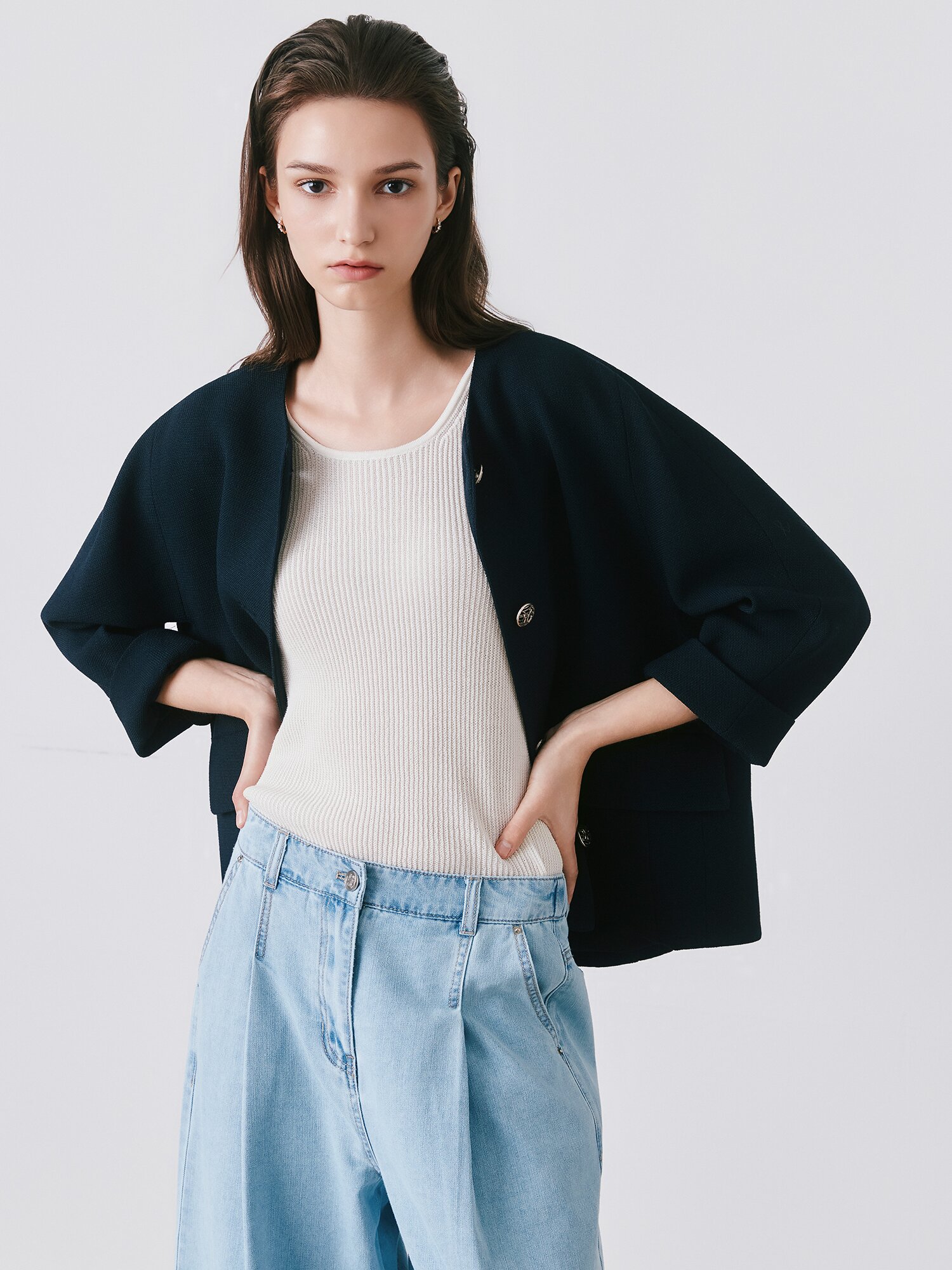 루즈핏 돌먼 슬리브 라운드넥 재킷 (DARK NAVY)