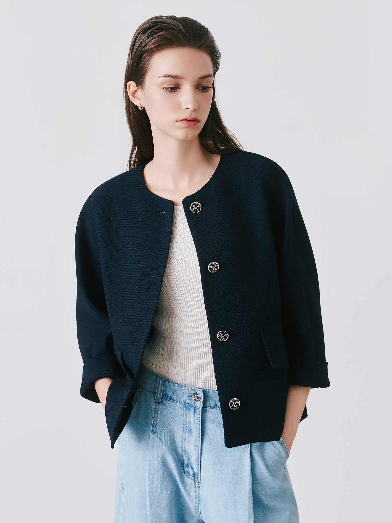 루즈핏 돌먼 슬리브 라운드넥 재킷 (DARK NAVY)