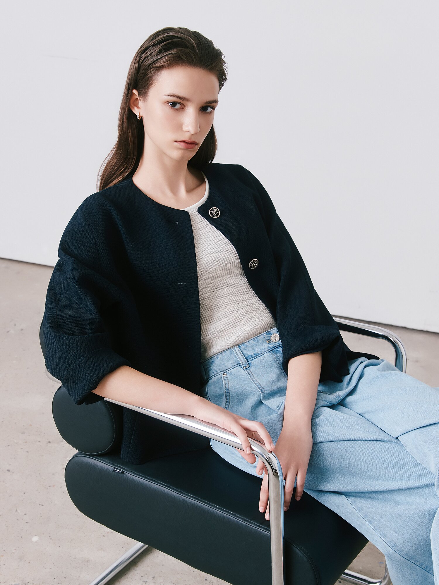 루즈핏 돌먼 슬리브 라운드넥 재킷 (DARK NAVY)