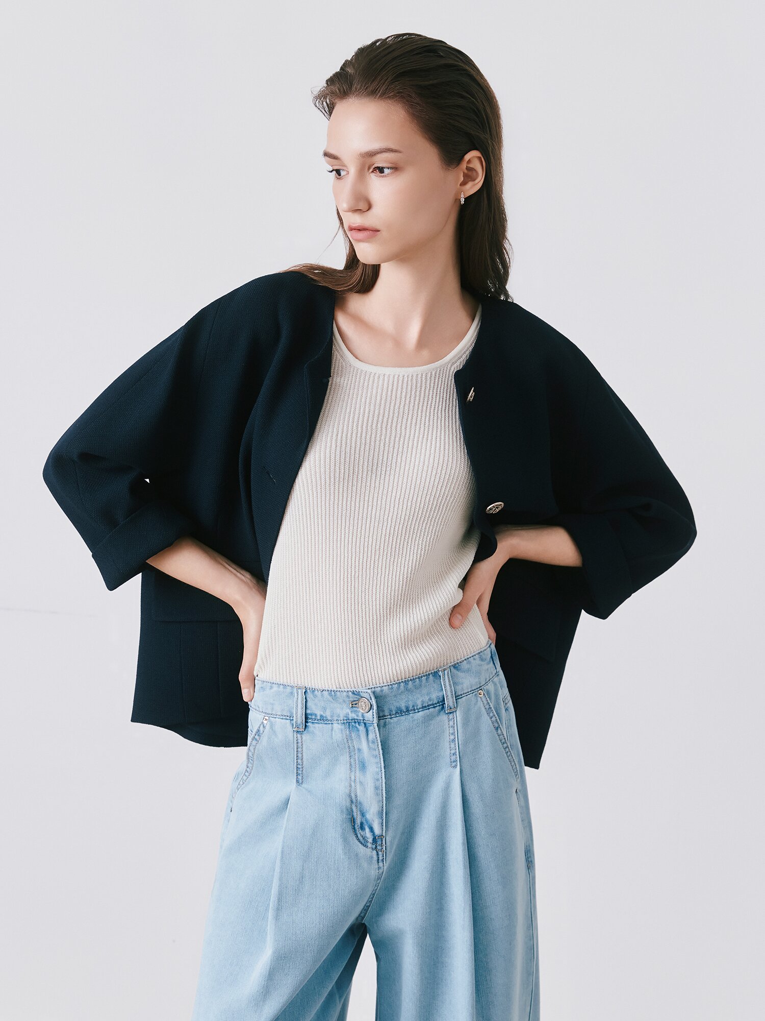 루즈핏 돌먼 슬리브 라운드넥 재킷 (DARK NAVY)