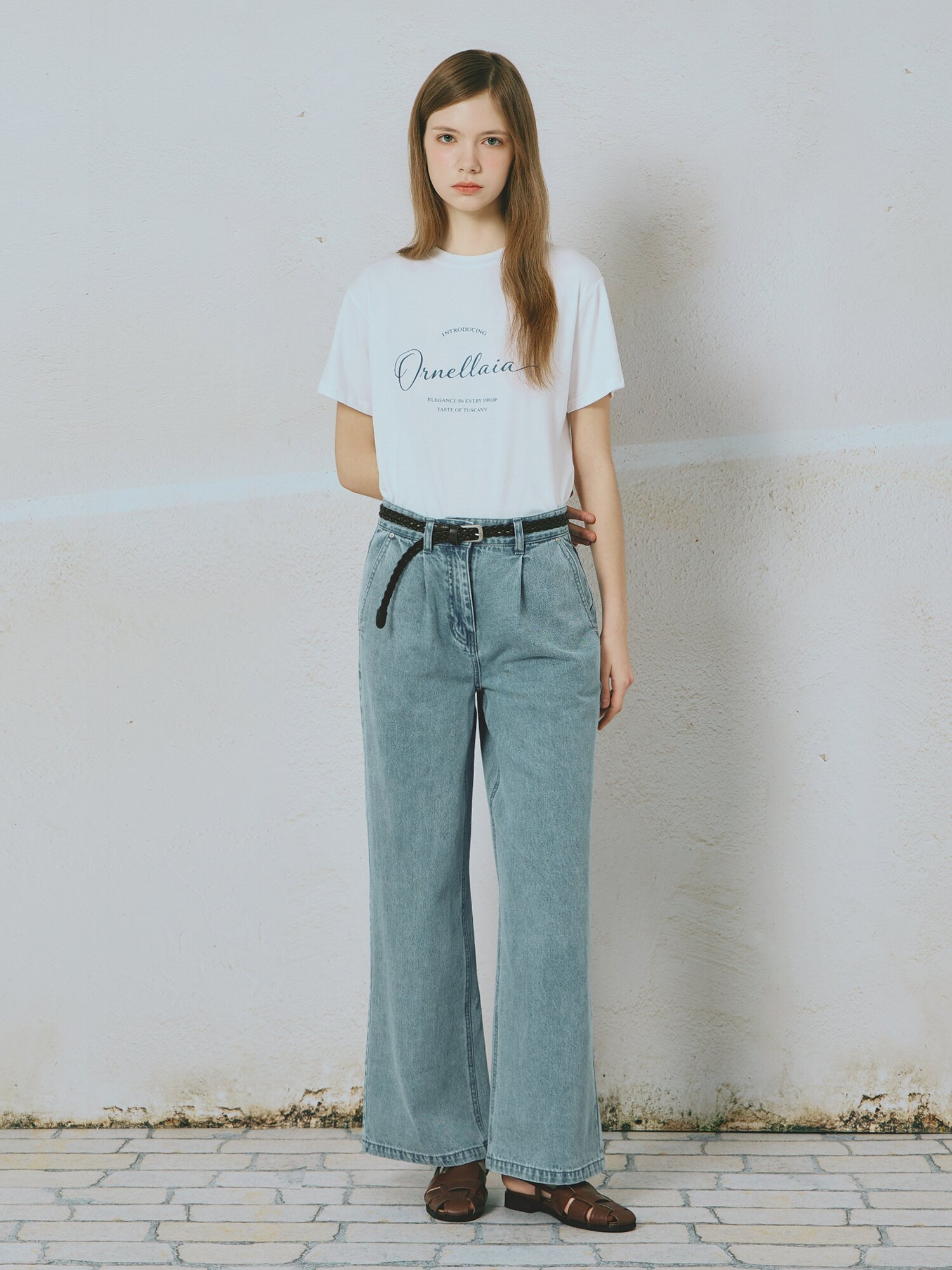 벨티드 원 턱 와이드핏 데님팬츠 (LIGHT BLUE)