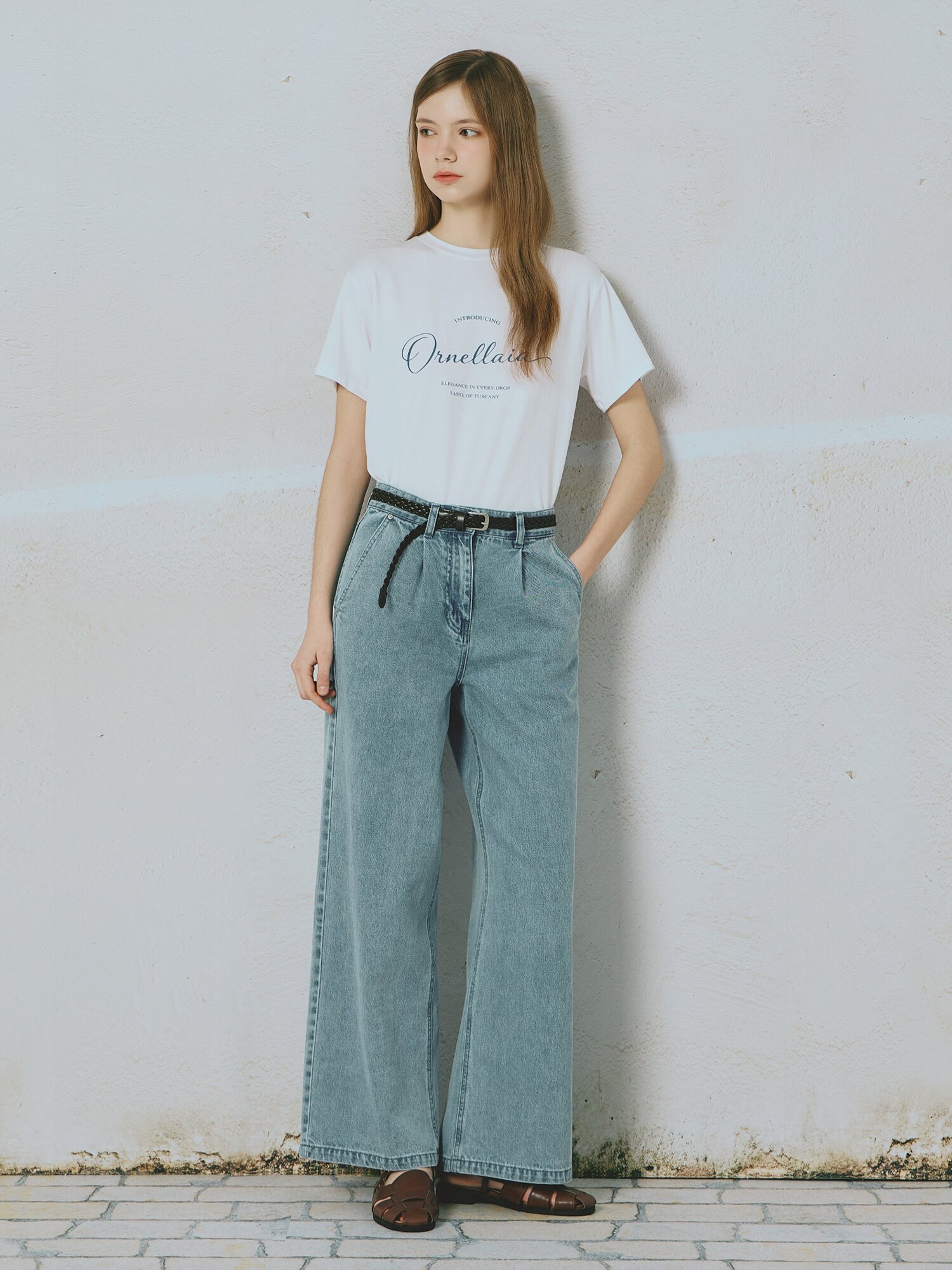 벨티드 원 턱 와이드핏 데님팬츠 (LIGHT BLUE)