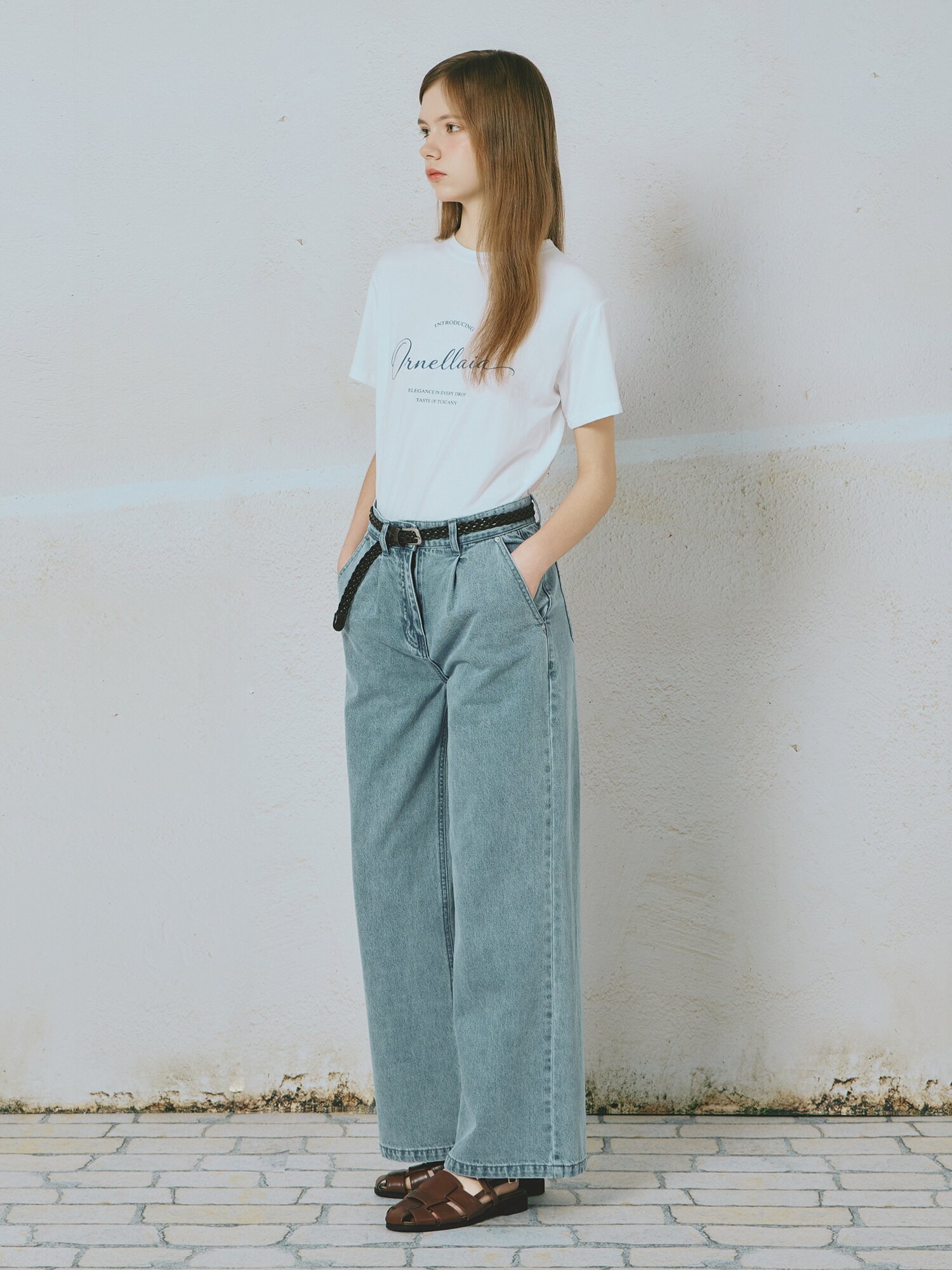 벨티드 원 턱 와이드핏 데님팬츠 (LIGHT BLUE)
